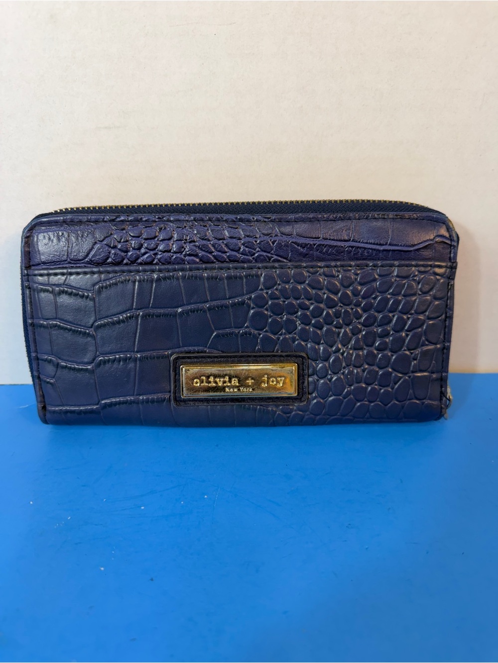 Olivia + Joy Deep Navy Croc-Embossed Zip Wallet with Gold Plaque